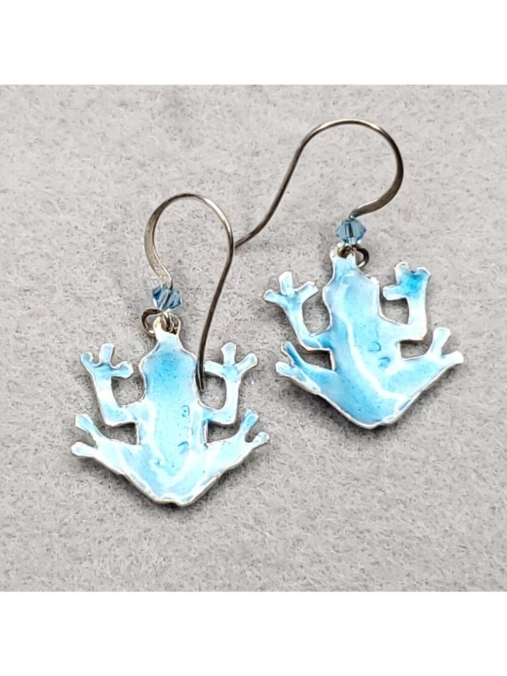 Sterling Silver Cloisonne Frog Earrings Dangle Blue Spotted 3/4" Bamboo Brand - Picture 3 of 7